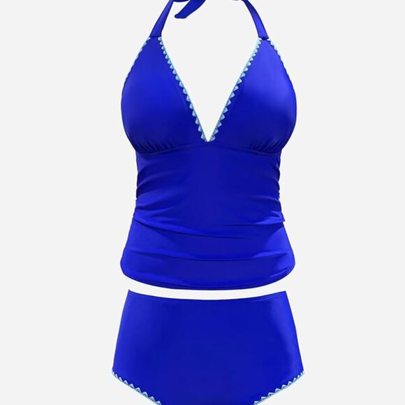 NWT Women’s Blue Plus Size Tankini Set Halter V Neck SZ XXL - Picture 2 of 9